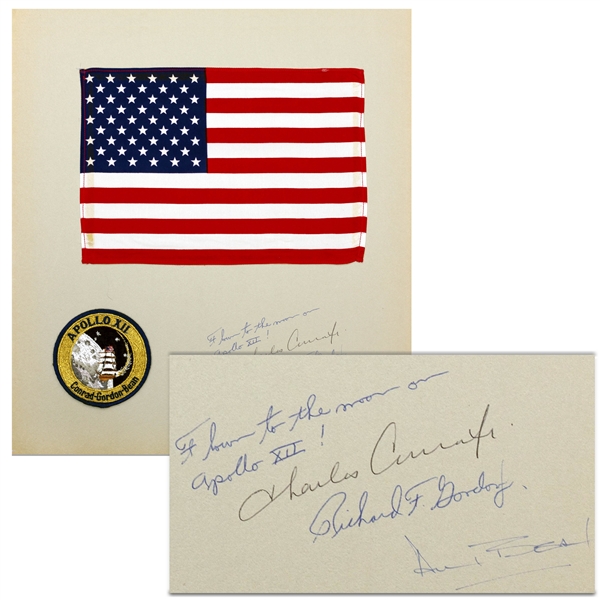 Apollo 12 Flown U.S. Flag, Measuring 11.5'' x 8'', Affixed to Presentation Mat Signed by Each of the Apollo 12 Crew Members: Charles Conrad, Richard Gordon & Alan Bean -- From Richard Gordon Estate